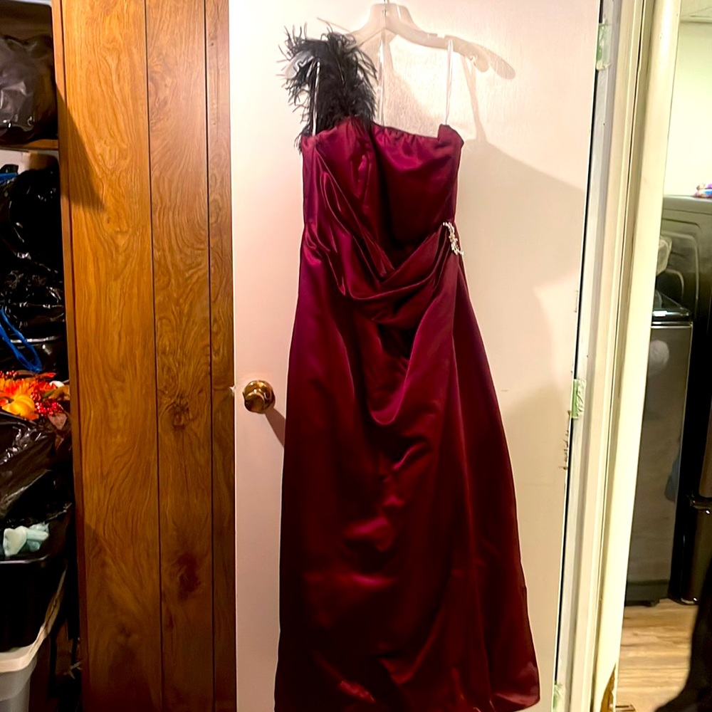 David’s Bridal - ONE of a KIND Beautiful One Shoulder w/ Feather Burgundy Gown